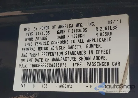 2012 Honda Accord 2.4 Ex from USA, damaged, VIN 1HGCP2F75CA016073